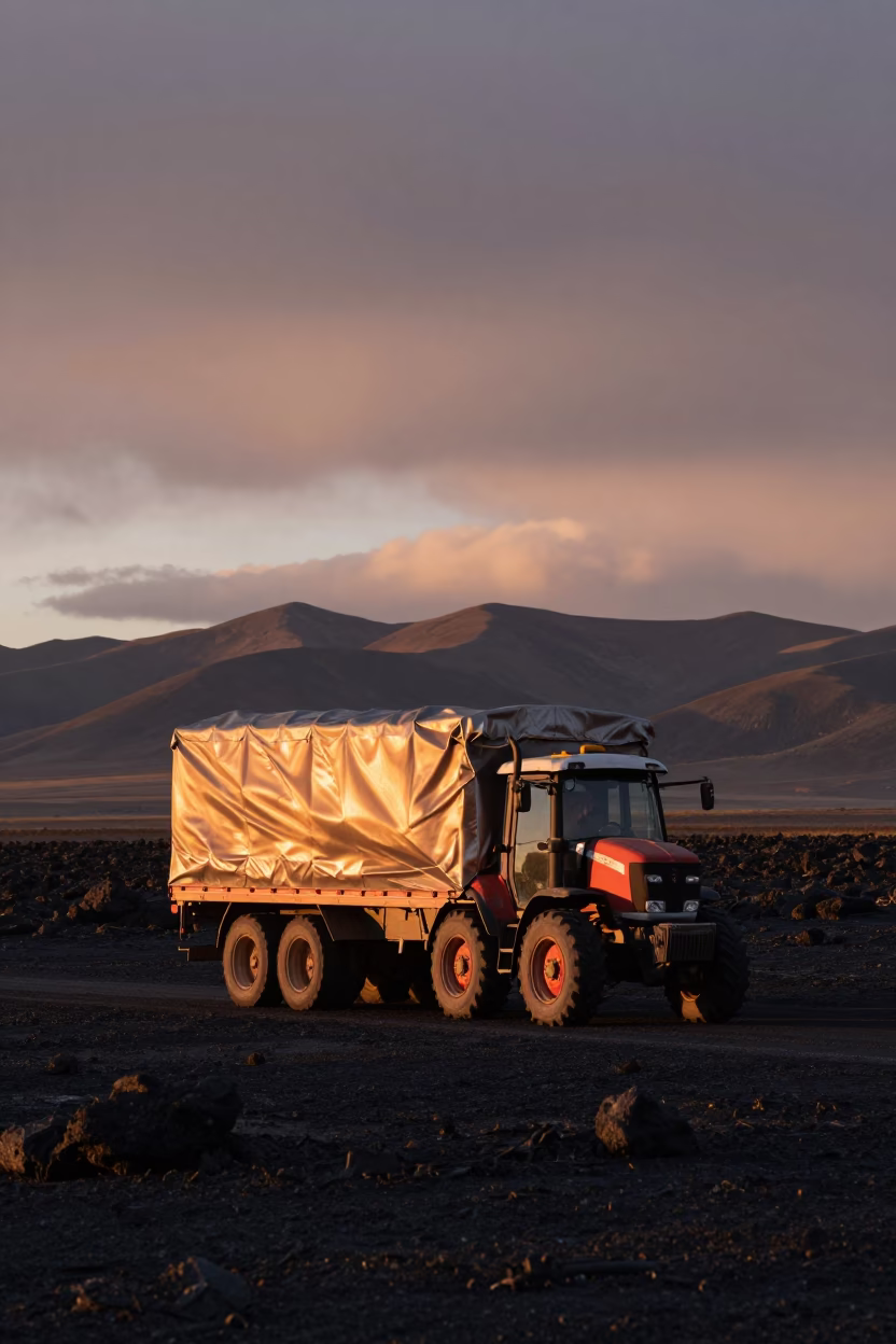 Tractor Trailer Crosses Lava Field at Lhasa Dusk in near Lhasa