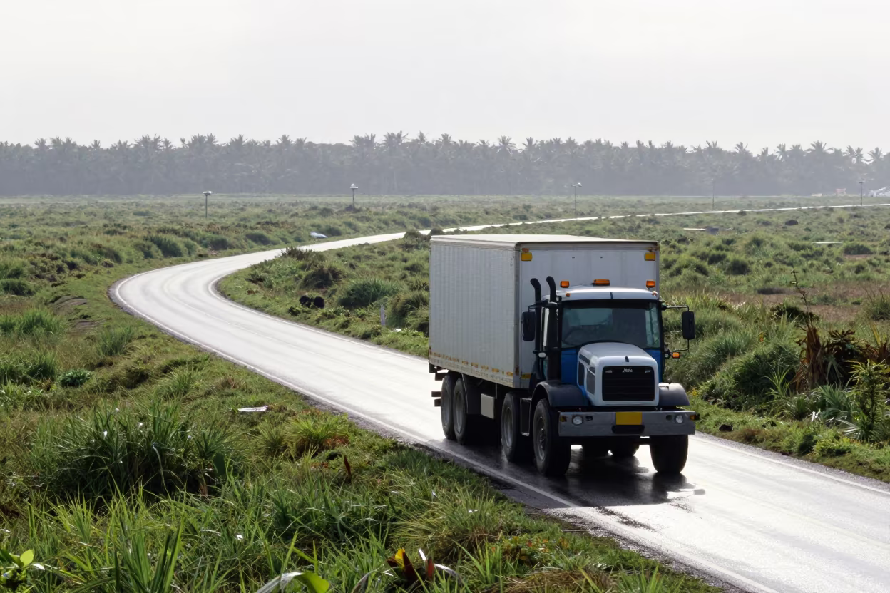 Tractor Trailer on Marsh Causeway in Sun Shower in along a switchback approach near Urayasu