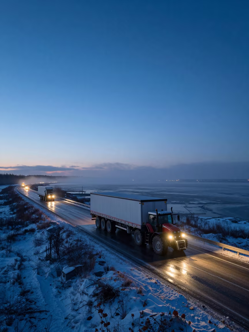 Tractor Trailer on Russian Marsh Causeway at Predawn in beside a fogbound harbor mouth in Russia