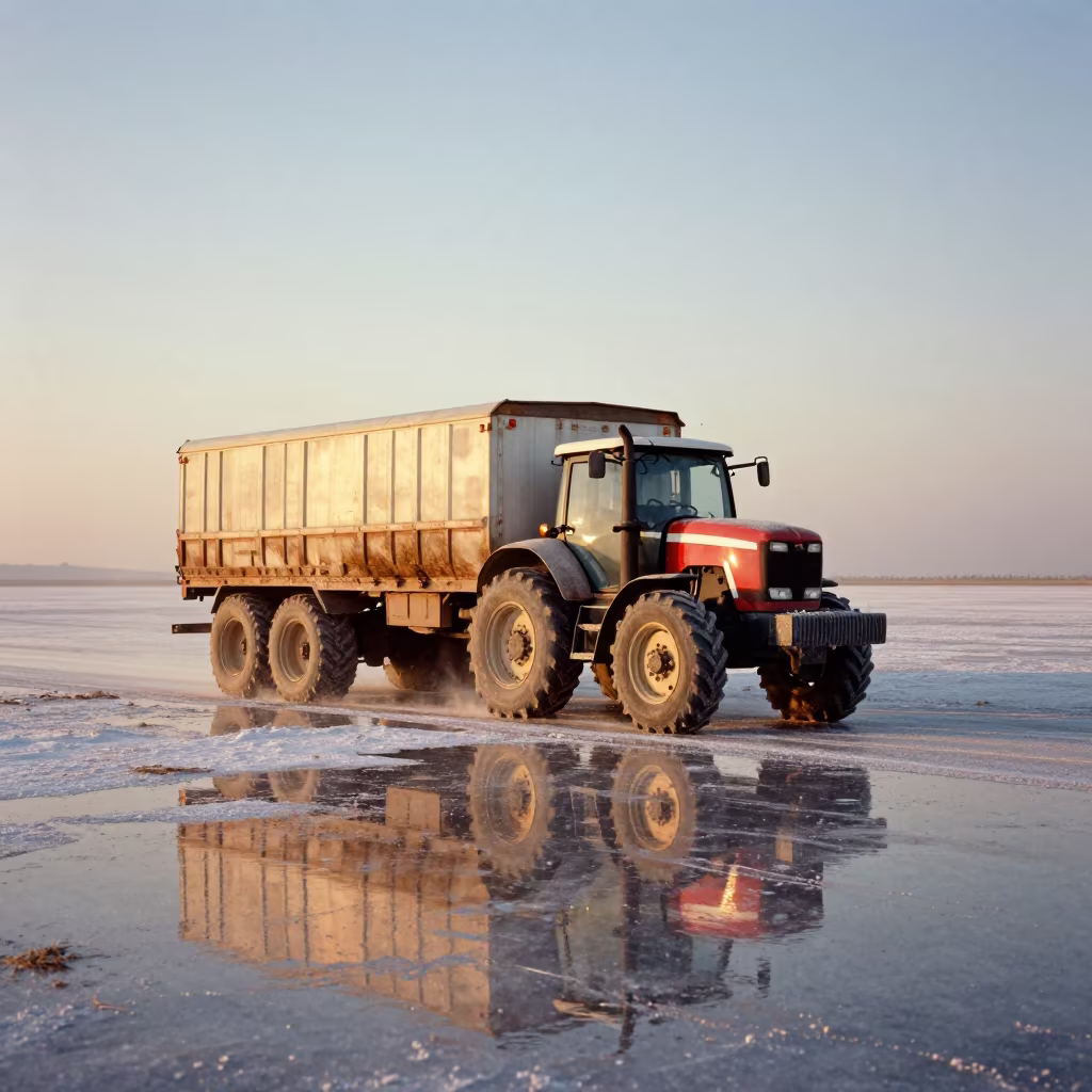 Tractor Trailer on Salt Flats Evening Haze in near Aksaray