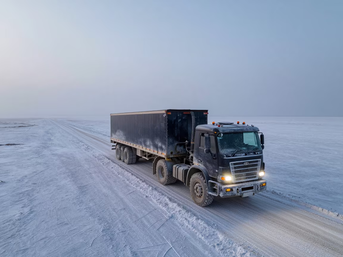 Tractor Trailer on Salt Flats Night Mist in along a switchback approach in South Sudan