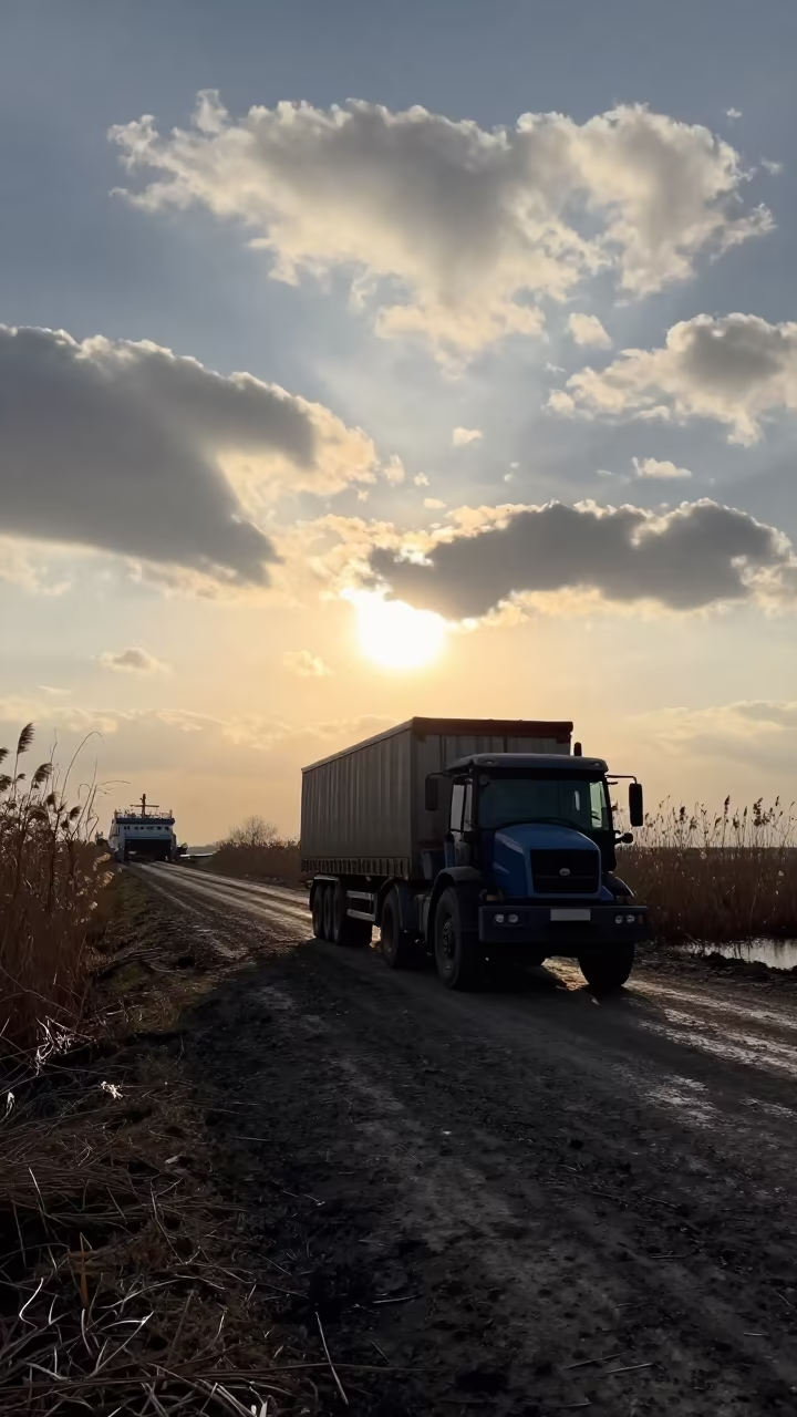 Tractor Trailer Silhouette Marsh Causeway Adiyaman in across a remote ferry crossing near Adıyaman