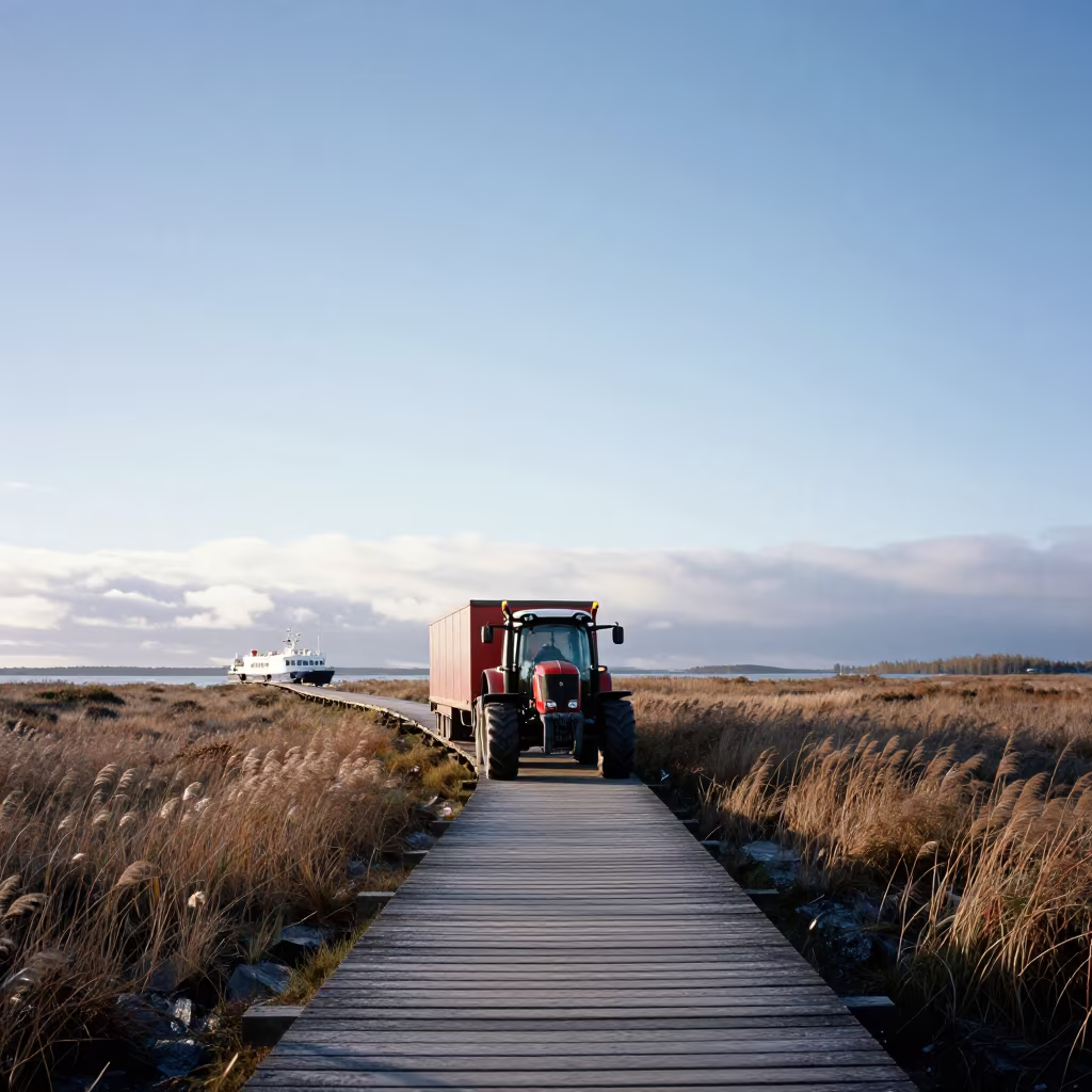 Tractor Trailer on Swedish Marsh Causeway Haze in across a remote ferry crossing in Sweden