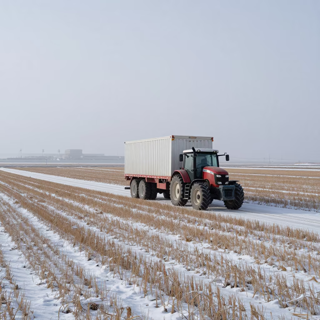 Tractor Trailer in Tibetan Winter Wheat Fields in beside a fogbound harbor mouth in Tibet