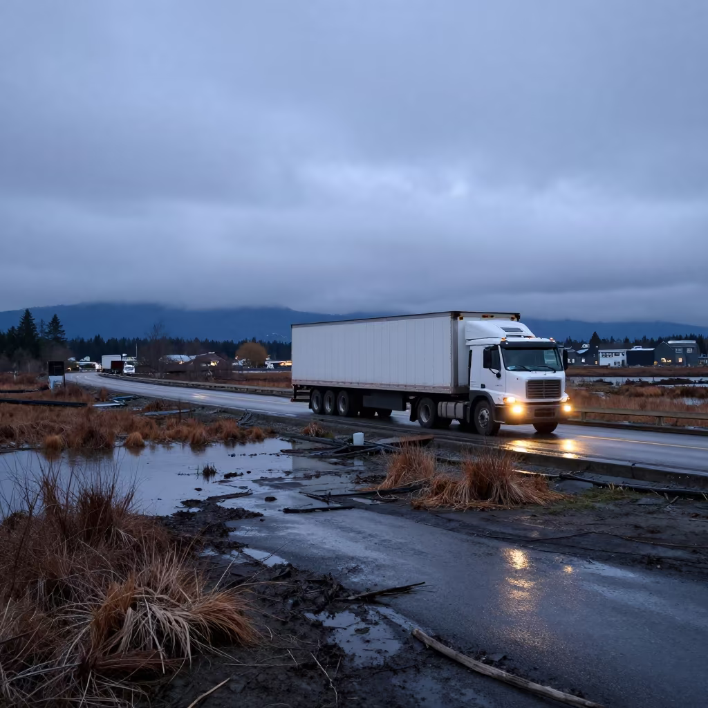 Tractor Trailer on Vancouver Marsh Causeway in on a wind-open causeway near Gastown, Vancouver