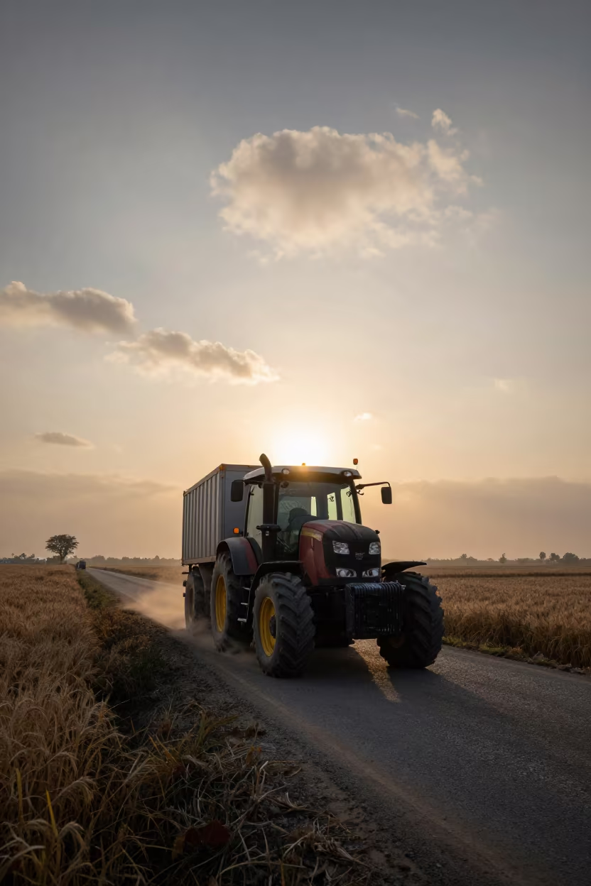 Tractor Trailer Wheat Country Sunset Haze in on a wind-open causeway near Sheikhupura