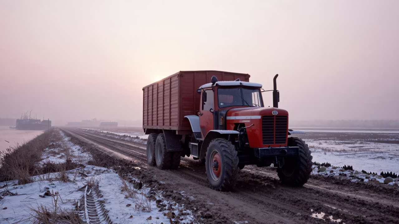 Tractor Trailer on Winter Marsh Causeway in beside a fogbound harbor mouth in Hubei