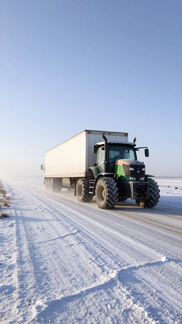 Tractor Trailer on Winter Salt Flats with Ground Fog in near Regina