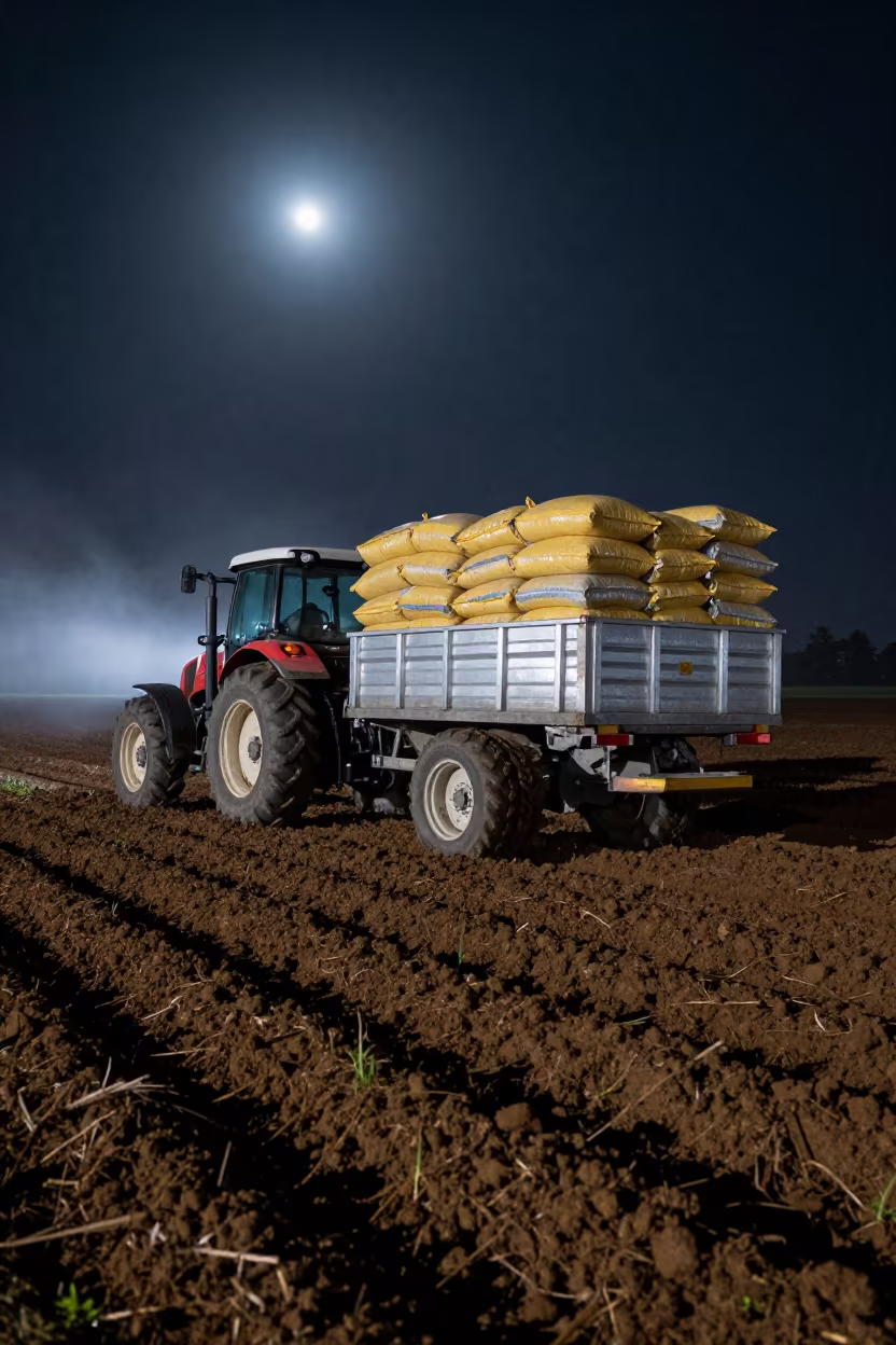 Tractor Trailering Seed Bags Through Night Mud in along freshly irrigated rows near La Macarena, Bogota