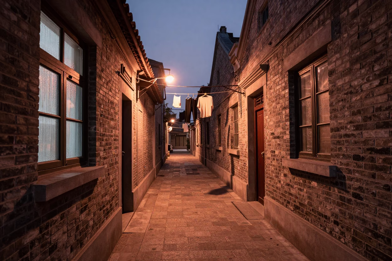 Traditional Alleyway in Shanghai at Copper-toned Light Before Dusk in in Shanghai, China