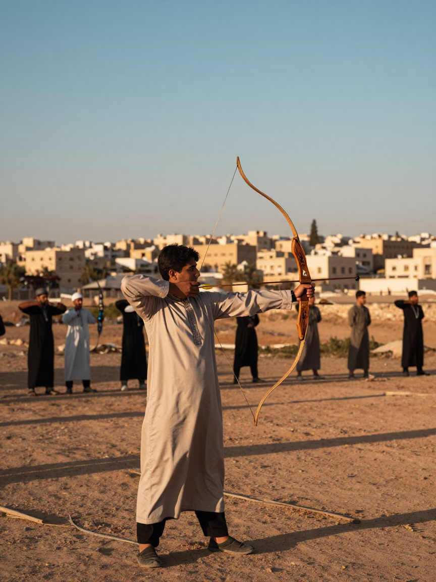 Traditional Archery Contest in Amman Jordan Late Afternoon Light with Terracotta Bowl in in Amman, Jordan