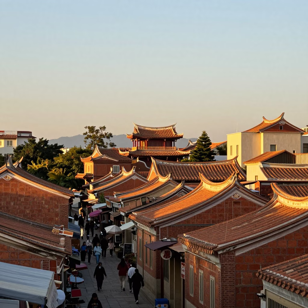 Traditional Architecture And Street Life in Tainan at Sunset Light in in Tainan, Taiwan