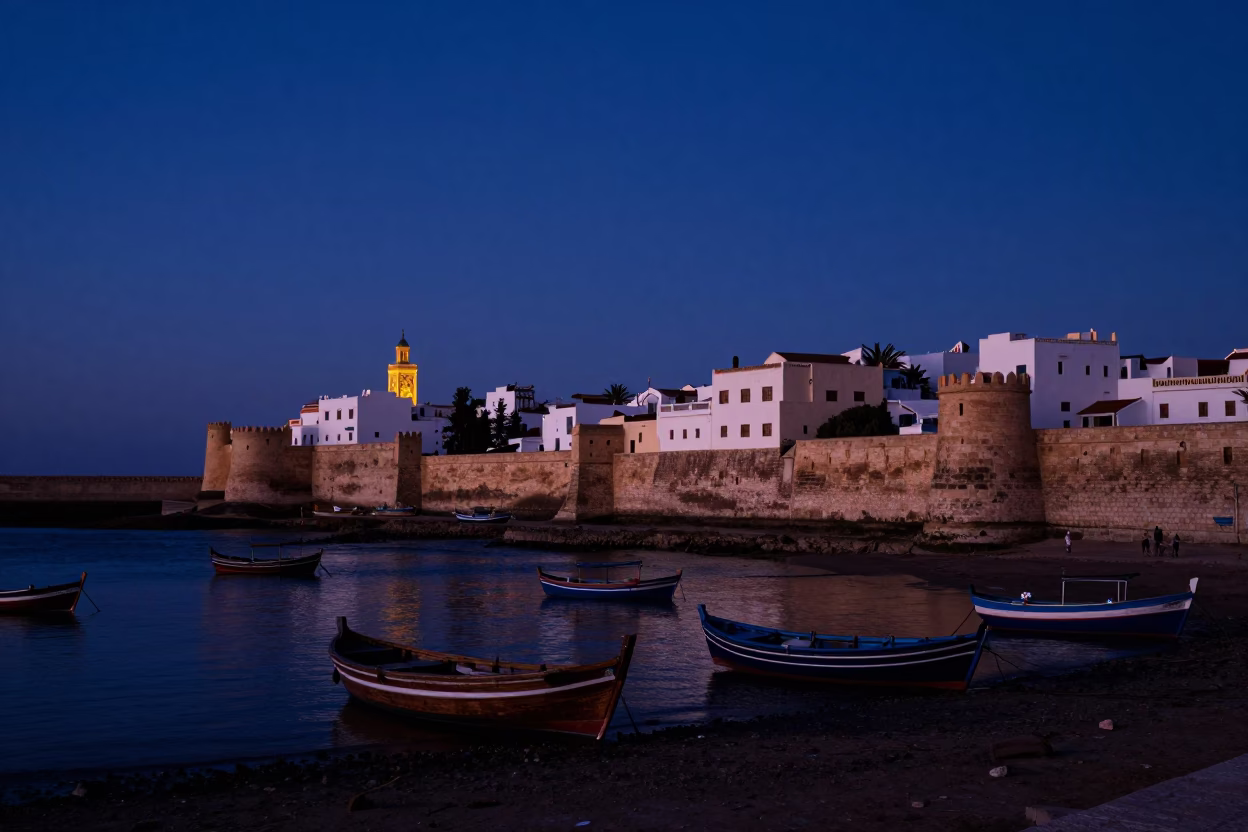 Traditional Architecture in Essaouira at The Predawn Darkness Light in in Essaouira, Morocco