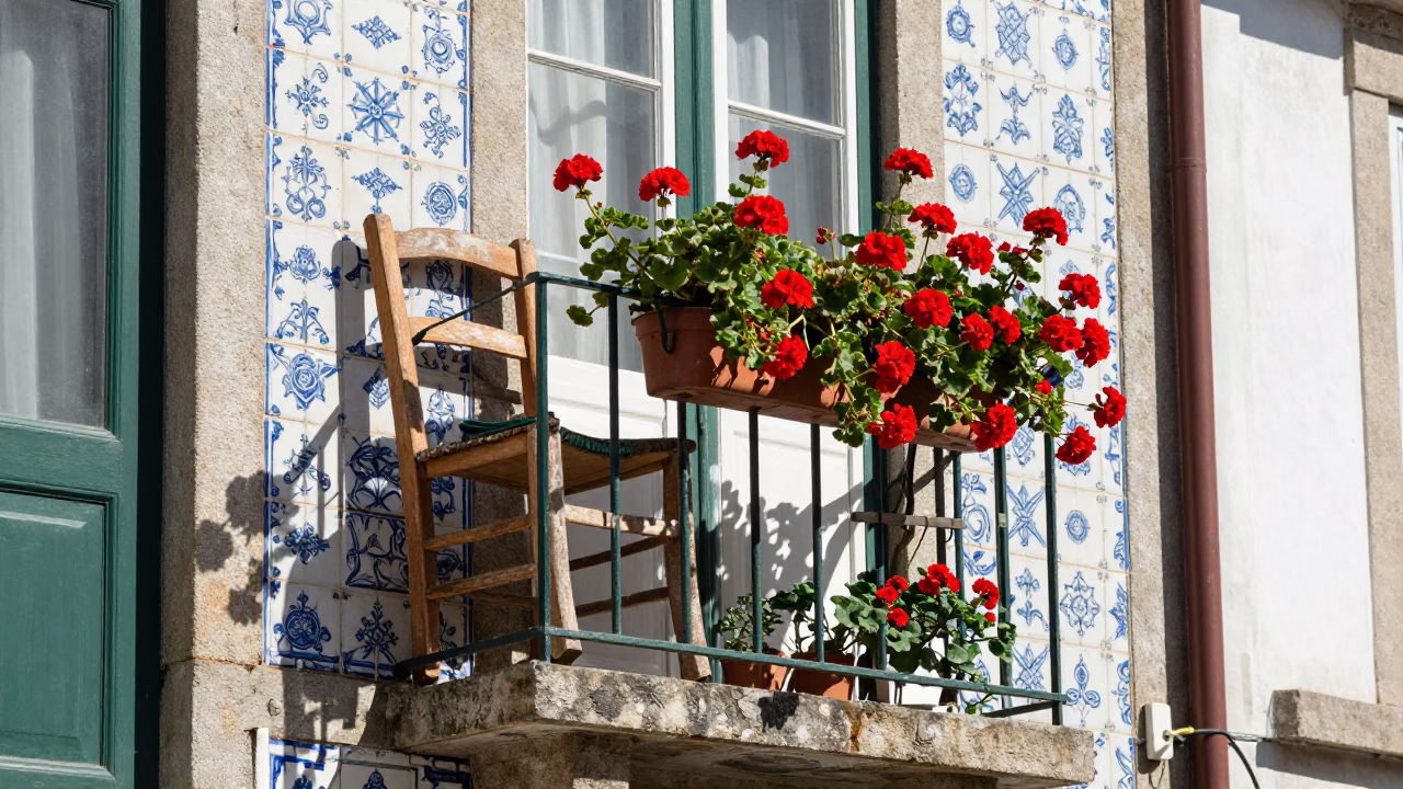 Traditional Azulejo Tiled Balcony with Geraniums in Bright Midmorning Porto Portugal in in Porto, Portugal