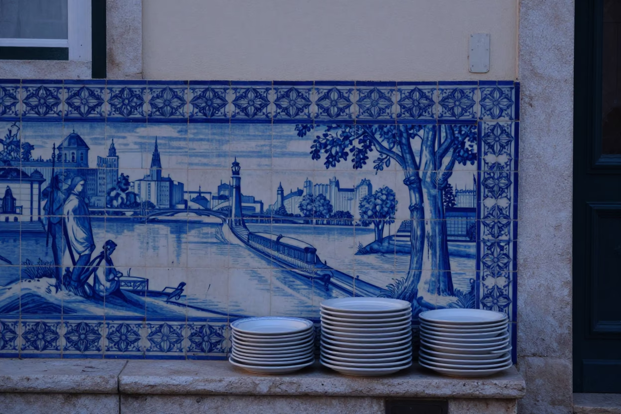 Traditional Azulejo Tiles And Stacked Plates at Twilight in Lisbon in in Lisbon, Portugal