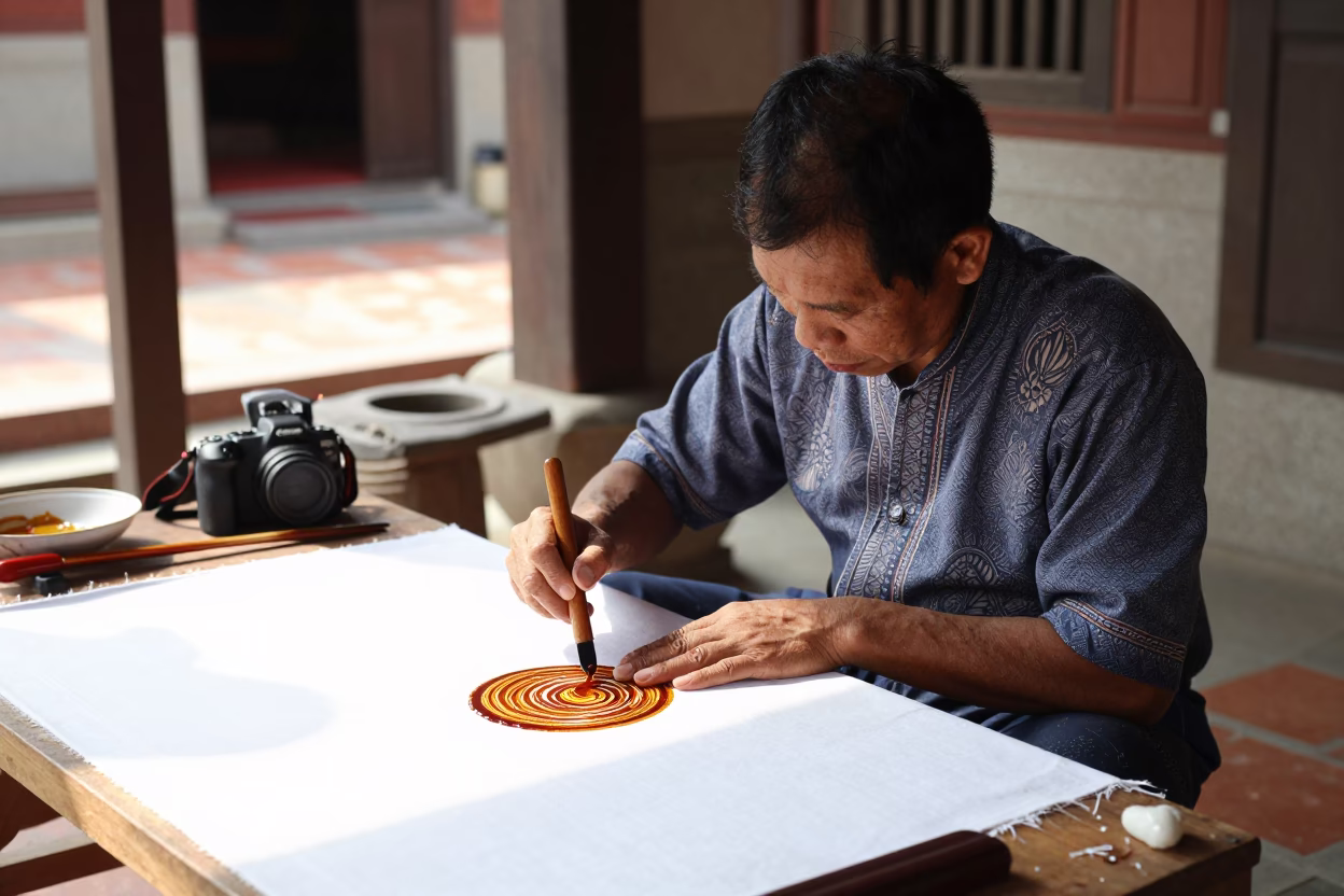 Traditional Batik Wax Application by Artist in Tainan Taiwan Under Noon Sunlight in in Tainan, Taiwan