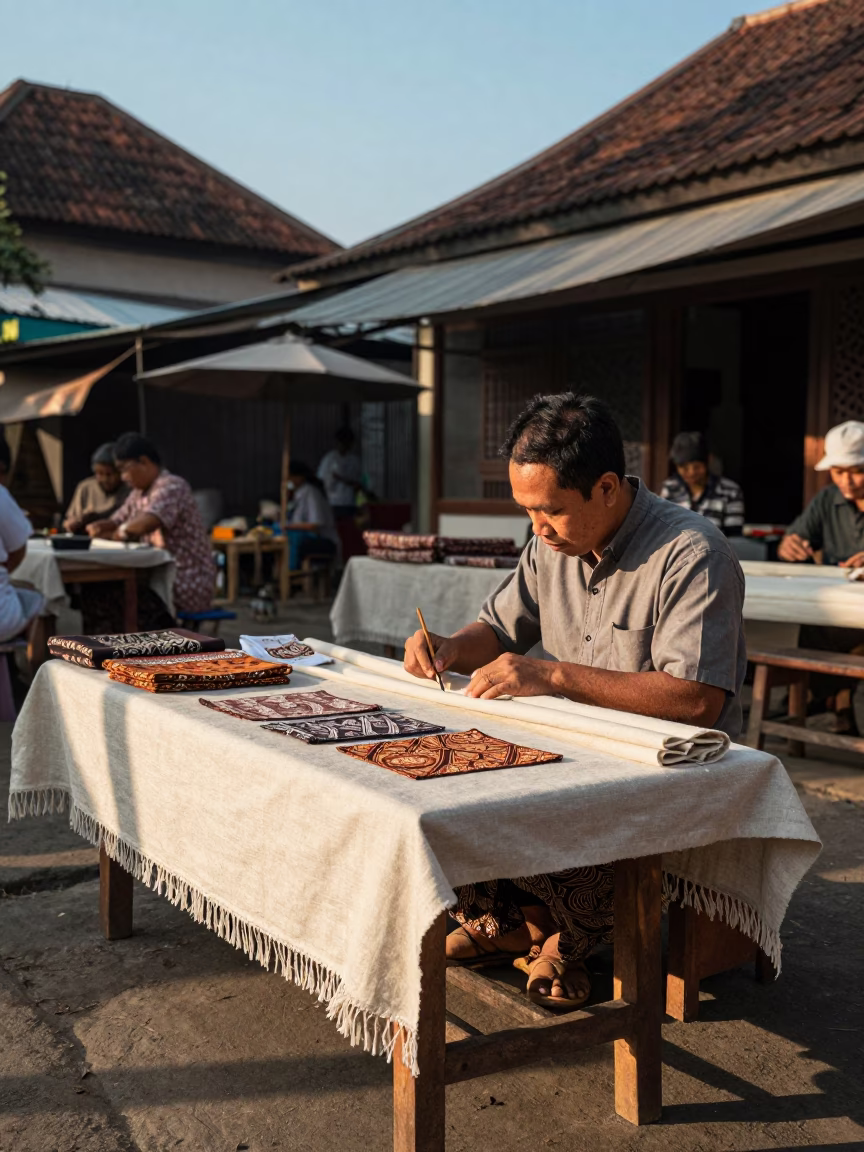 Traditional Batik Workshop in Yogyakarta Indonesia Late Afternoon Sunlight and Textile Production in in Yogyakarta, Indonesia