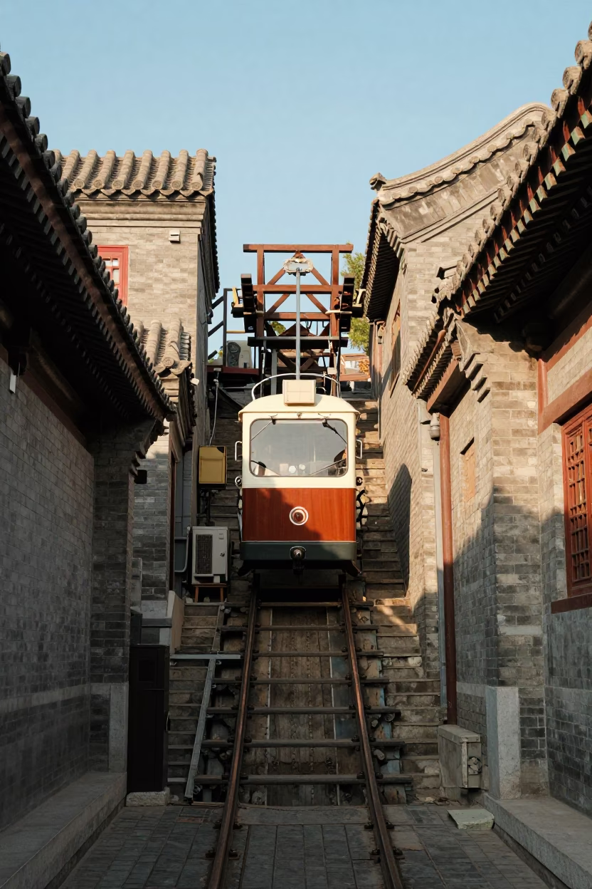 Traditional Beijing Hutong Alleyway with Vintage Funicular and Terraced Gardens in Late Afternoon Light in in Beijing, China