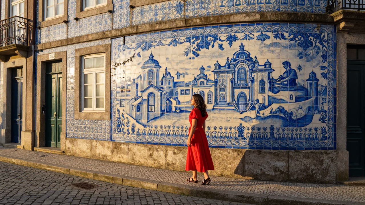 Traditional Blue Azulejo Tiles And Porcelain Plate in Porto in in Porto, Portugal