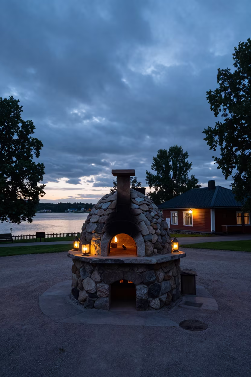 Traditional Bread Oven in Jyväskylä Square in in a shrine lined with lanterns in Jyväskylä