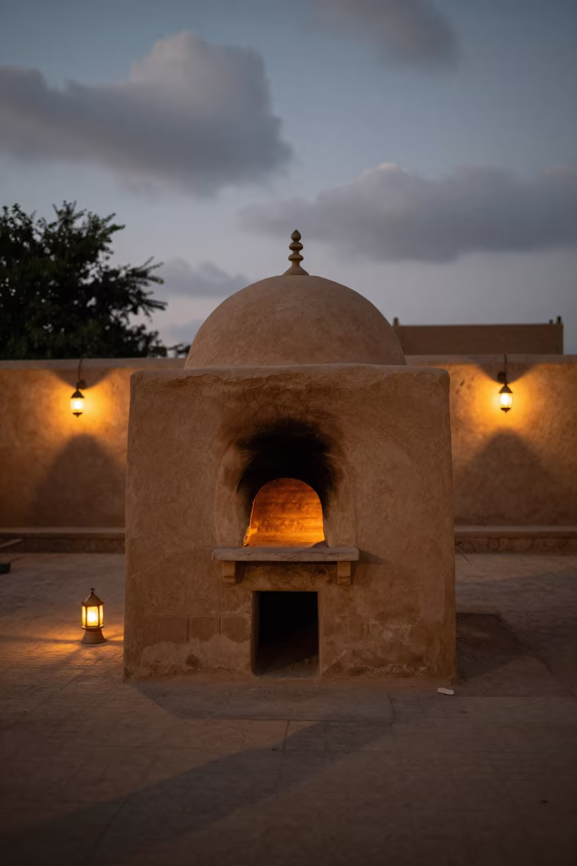 Traditional Bread Oven in Khanewal Village Square in in a shrine lined with lanterns in Khanewal
