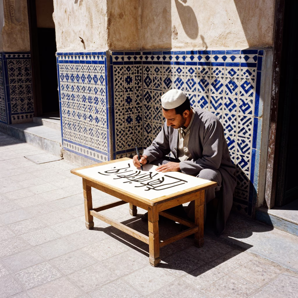 Traditional Calligraphy Demonstration in Fez Morocco Midday Street Scene in in Fez, Morocco