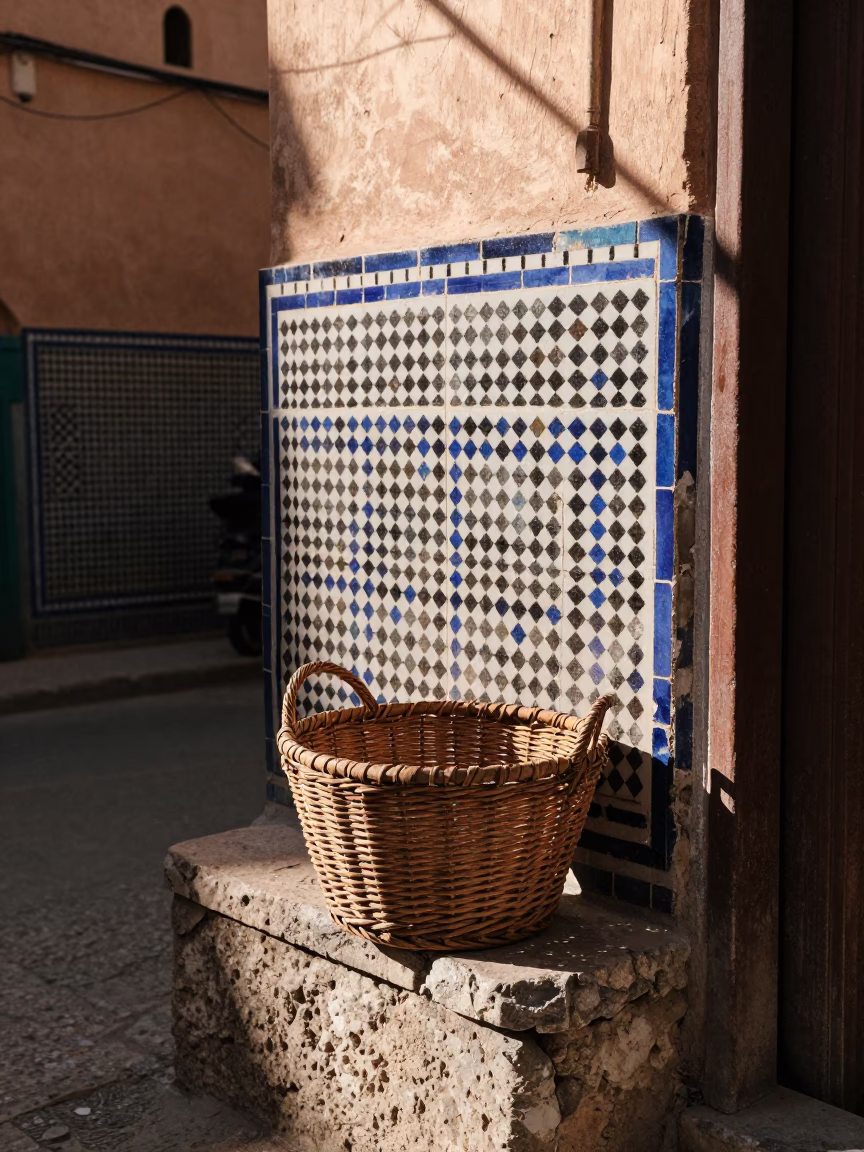 Traditional Ceramic Basket in Fez Morocco Early Afternoon Street Scene in in Fez, Morocco
