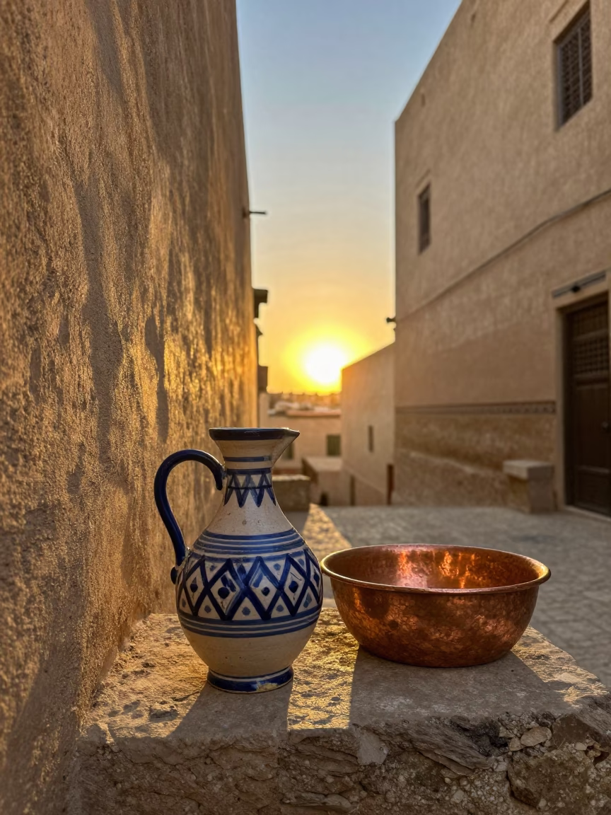 Traditional Ceramic Pitcher and Copper Basin in Fez Medina Alley at Sunset in in Fez, Morocco