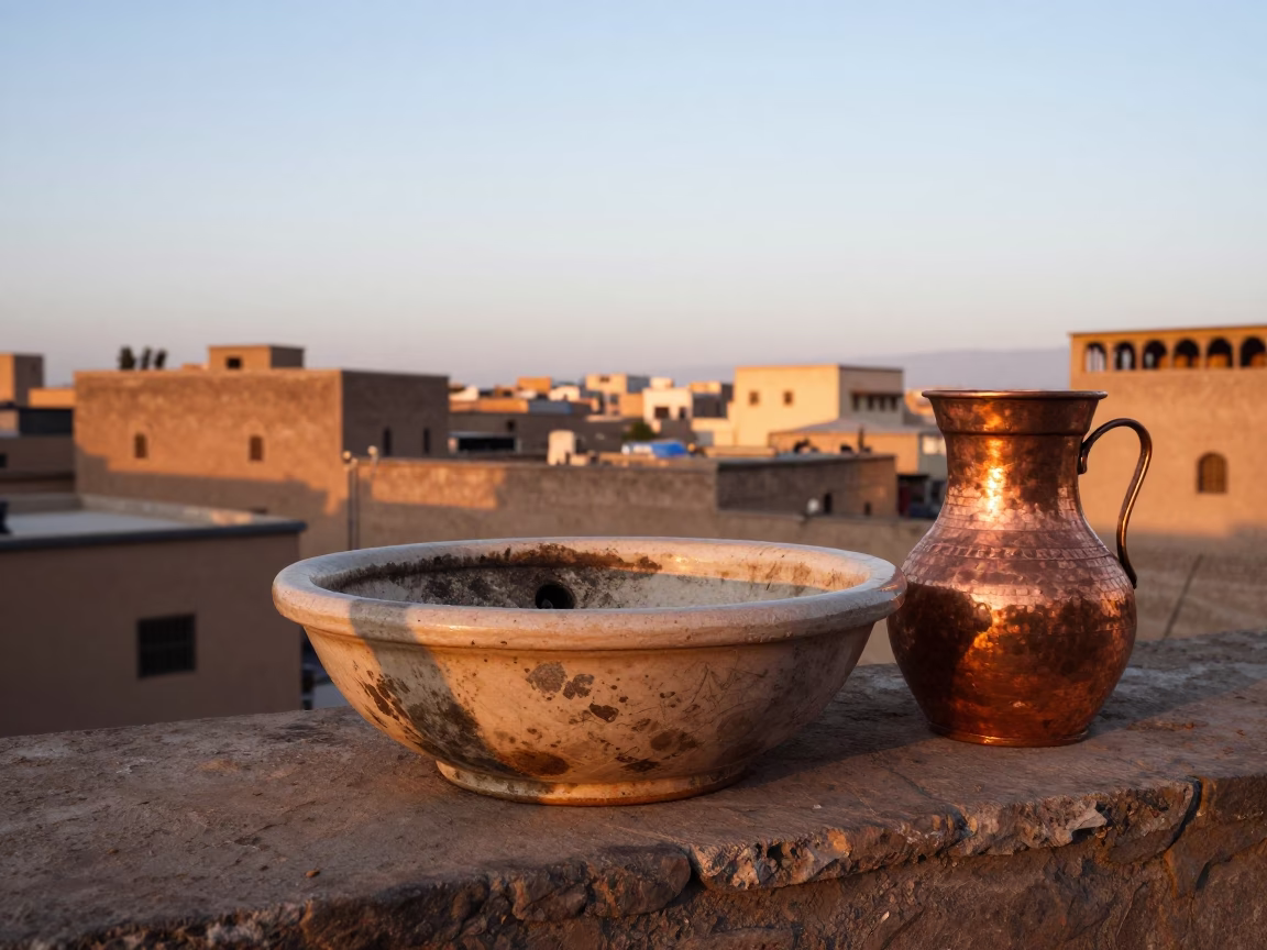 Traditional Ceramic Wash Basin and Copper Pot in Fez Morocco Medina Sunset in in Fez, Morocco