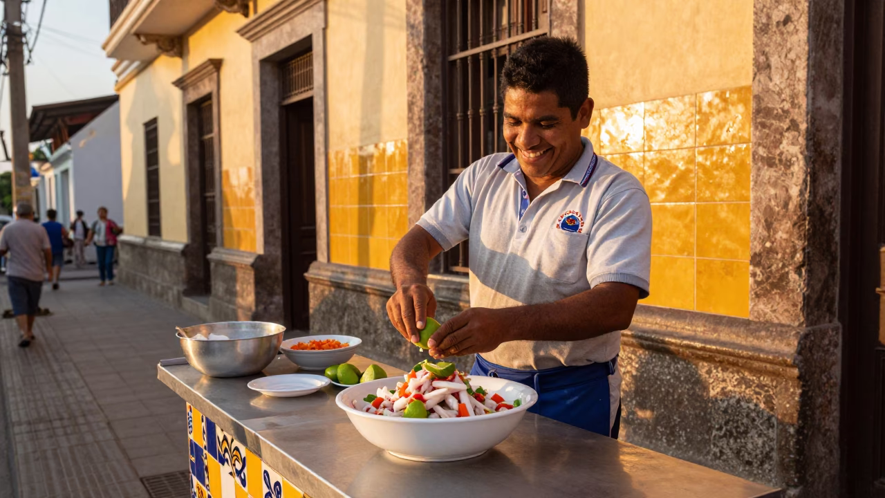 Traditional Ceviche in Lima at Golden Hour in in Lima, Peru