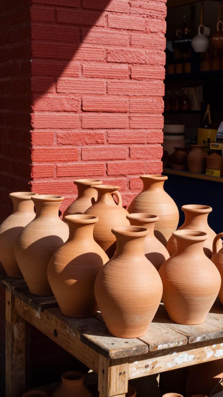Traditional Clay Pots Displayed at Bustling Seville Market in Late Morning Light in in Seville, Spain