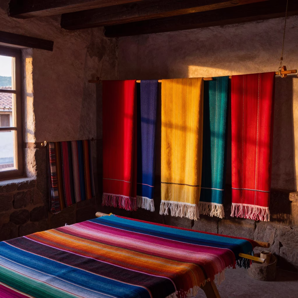 Traditional Cusco Textile Workshop with Hanging Dyed Fabrics in Evening Light in in Cusco, Peru