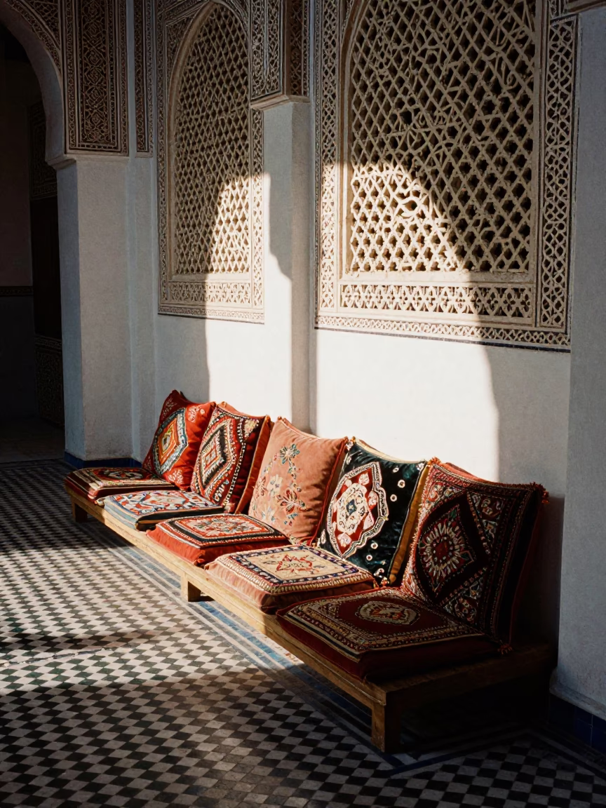 Traditional Cushions in Fez at As First Light Reaches The Scene in in Fez, Morocco