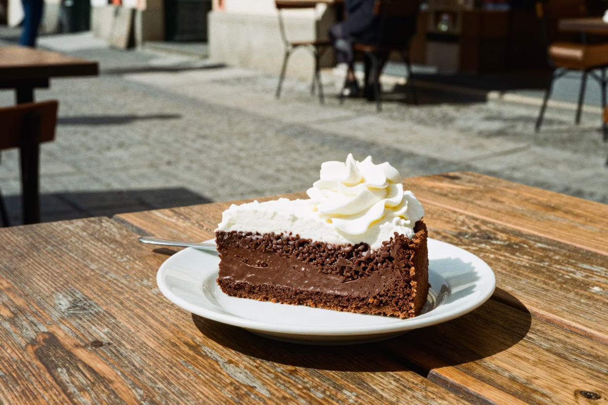 Traditional Czech Sachertorte with Whipped Cream on Outdoor Cafe Table in Prague in in Prague, Czech Republic