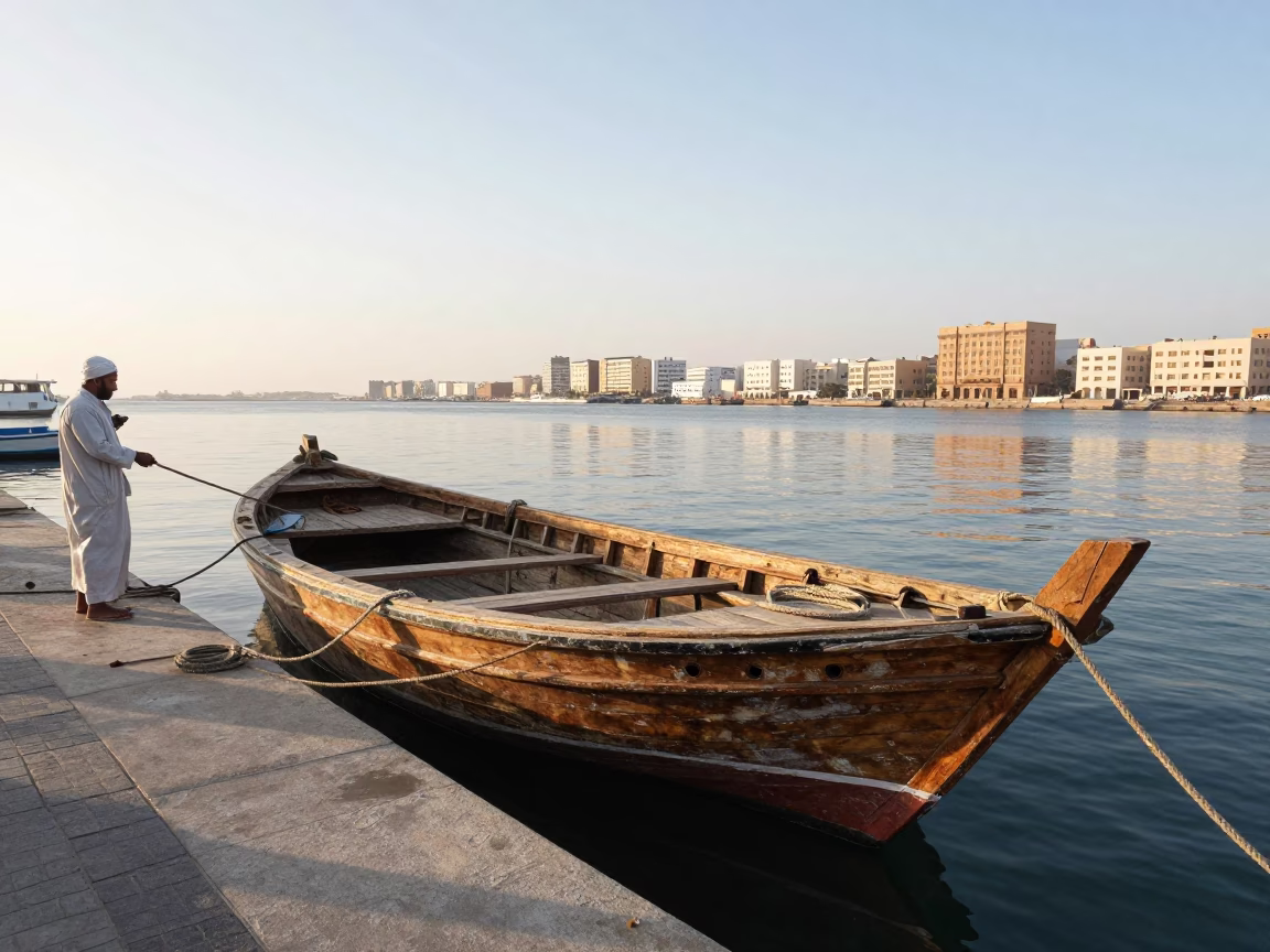 Traditional Dhow Boat Docked at Muscat Harbor Just After Sunrise with Local Fishermen in in Muscat, Oman