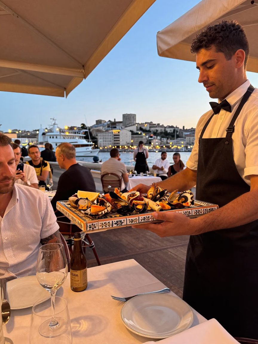 Traditional Dining in Marseille at Copper-toned Light Before Dusk in in Marseille, France