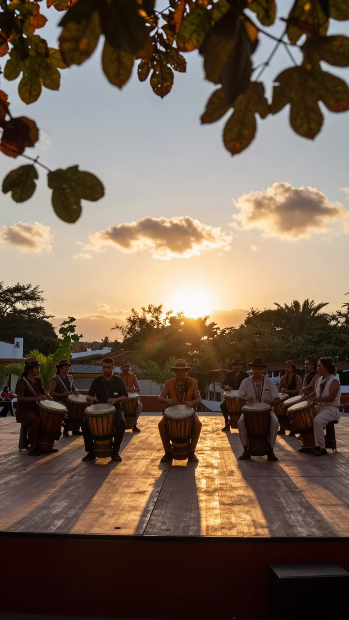 Traditional Drum Circle at Sunset in Santiago Theater in on a theater stage in Santiago de los Caballeros