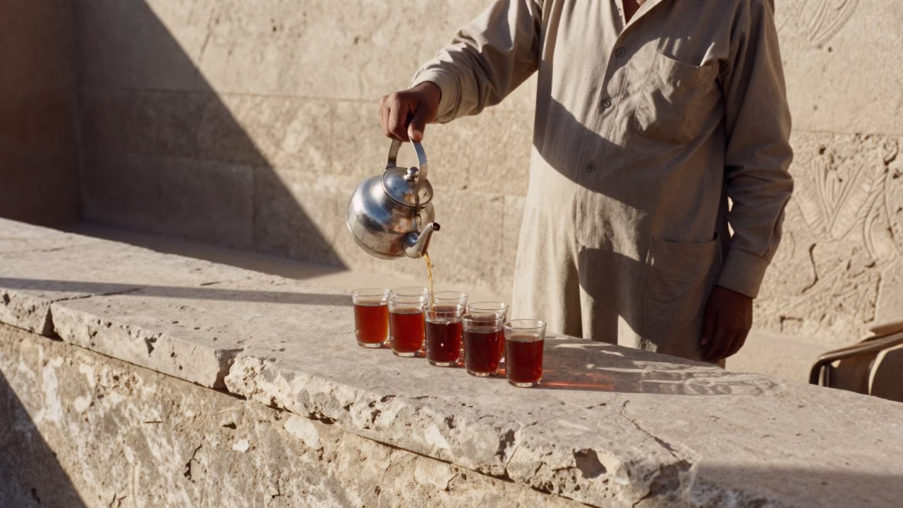Traditional Egyptian Tea Service on Stone Terrace in Luxor Early Afternoon in in Luxor, Egypt
