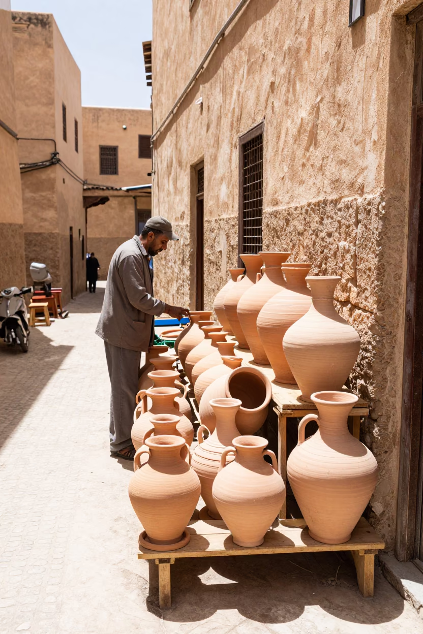 Traditional Fez Moroccan Stoneware Pottery Display at Midday Sunlight in in Fez, Morocco