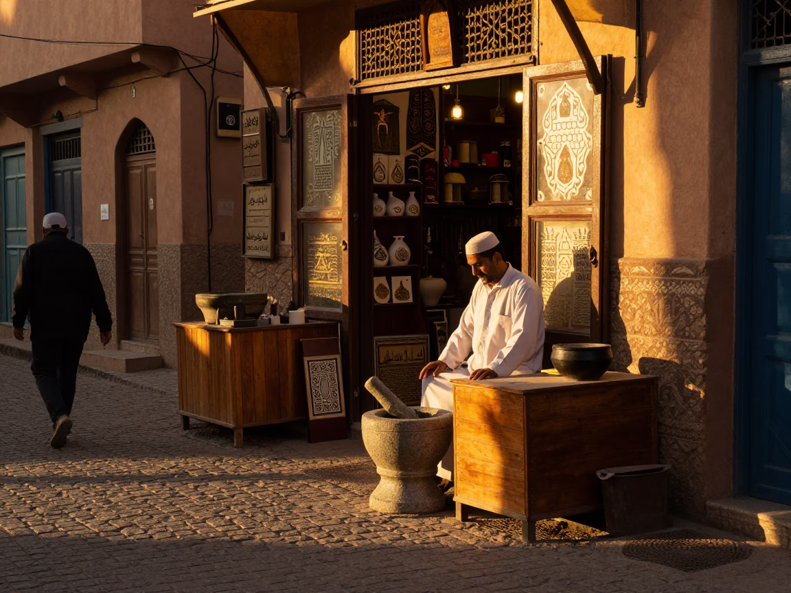 Traditional Fez Morocco Evening Street Scene with Mortar and Pestle in Copper Shop in in Fez, Morocco