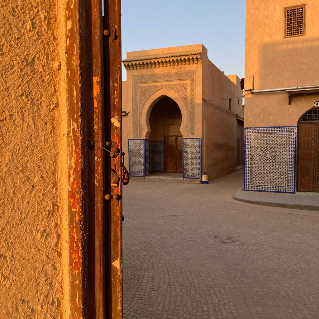 Traditional Fez Morocco Evening Street Scene with Rusty Doorframe and Local Market Activity in in Fez, Morocco