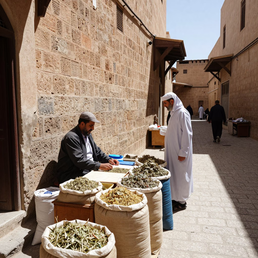 Traditional Fez Morocco Midmorning Street Scene with Herbalist Stalls and Stone Architecture in in Fez, Morocco