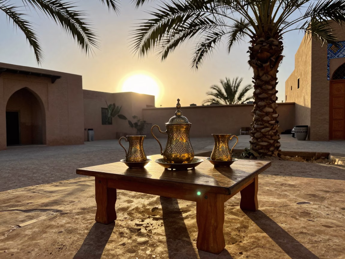 Traditional Fez Tea Service with Leaf Shadows at Sunset in Morocco in in Fez, Morocco