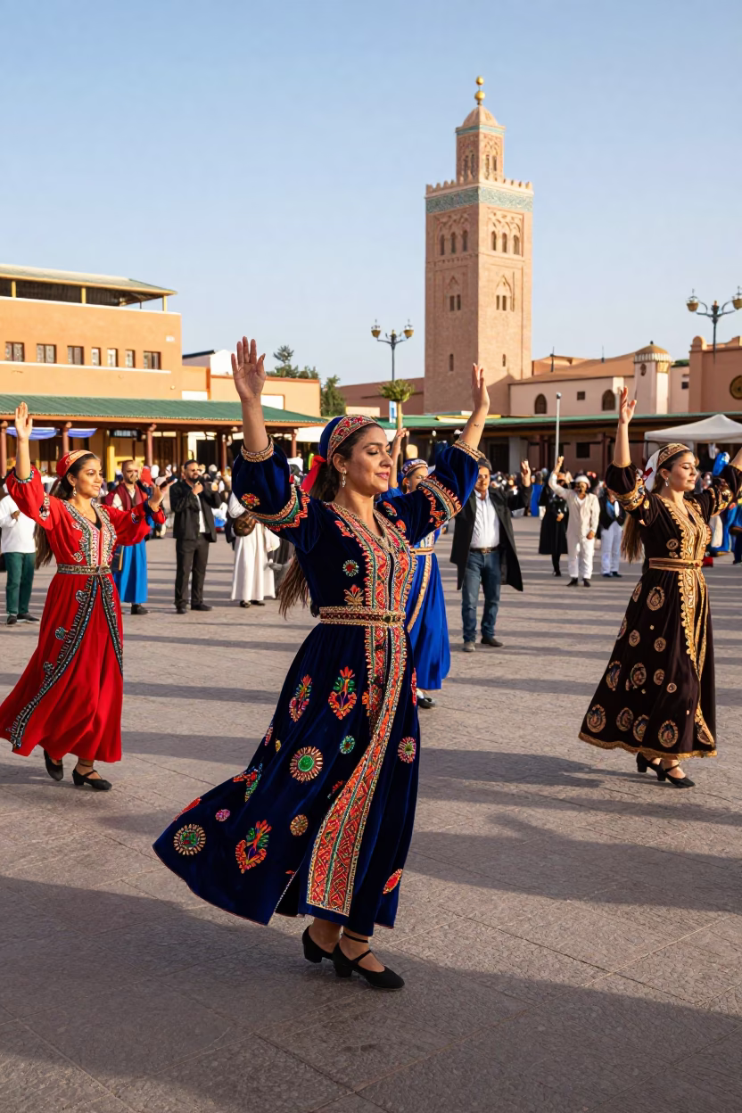 Traditional Folk Dance Performance in Red Marrakech Medina Square During Early Afternoon in in Marrakech, Morocco