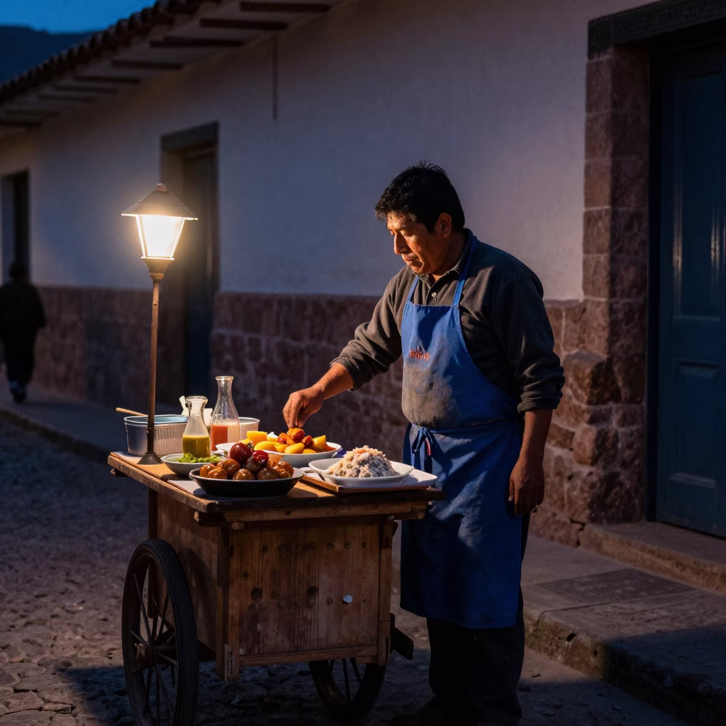 Traditional Food in Cusco at The Predawn Darkness Light in in Cusco, Peru