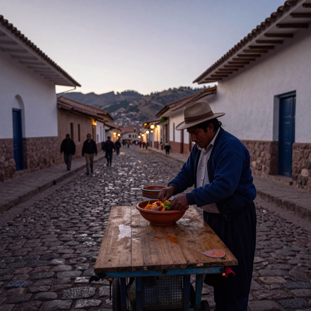 Traditional Food in Cusco at The Still Hours Before Dawn Light in in Cusco, Peru