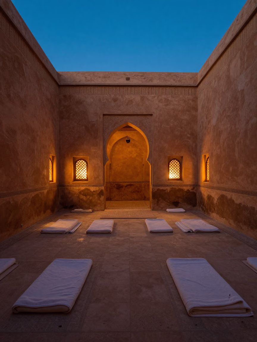 Traditional Hammam Interior with Towels at Blue Hour in Marrakech Morocco in in Marrakech, Morocco