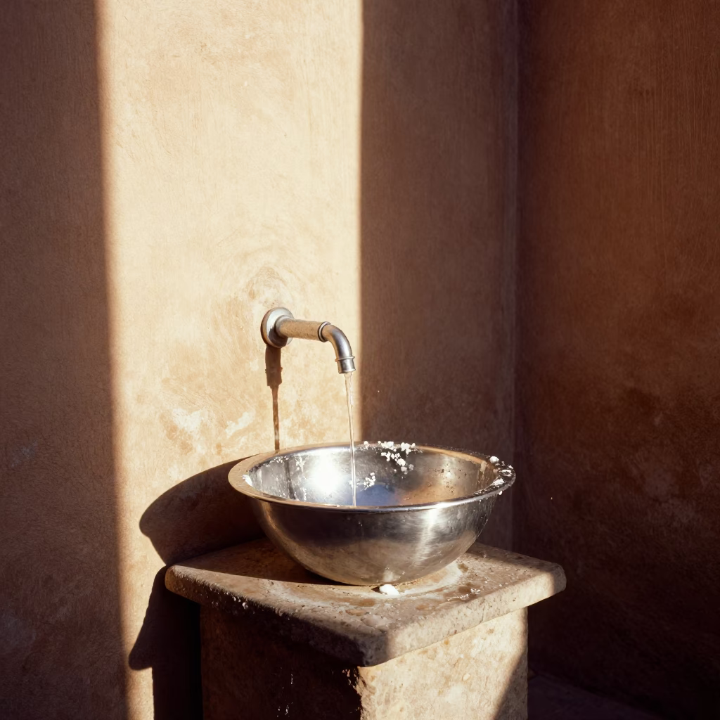Traditional Handwashing Basin in Essaouira Courtyard Late Afternoon in in Essaouira, Morocco