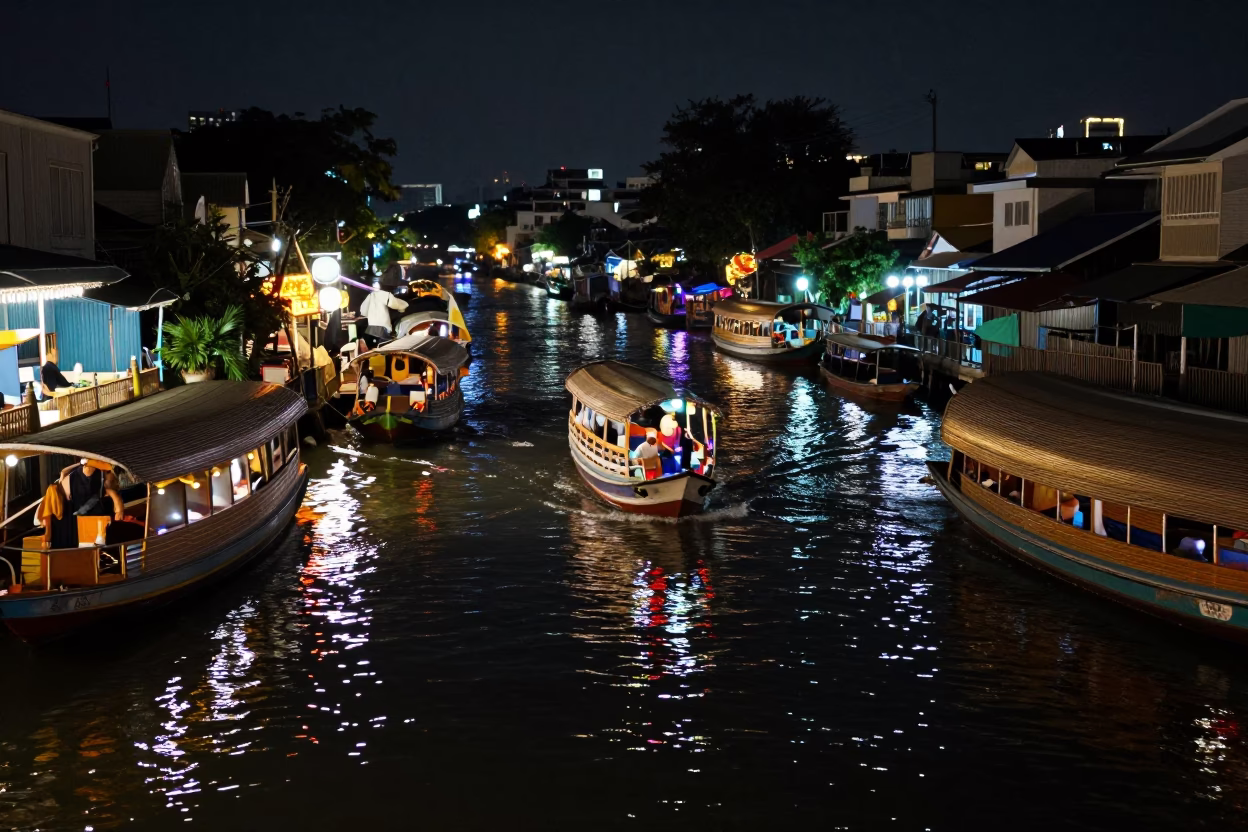 Traditional Houseboats in Bangkok at Late At Night Light in in Bangkok, Thailand