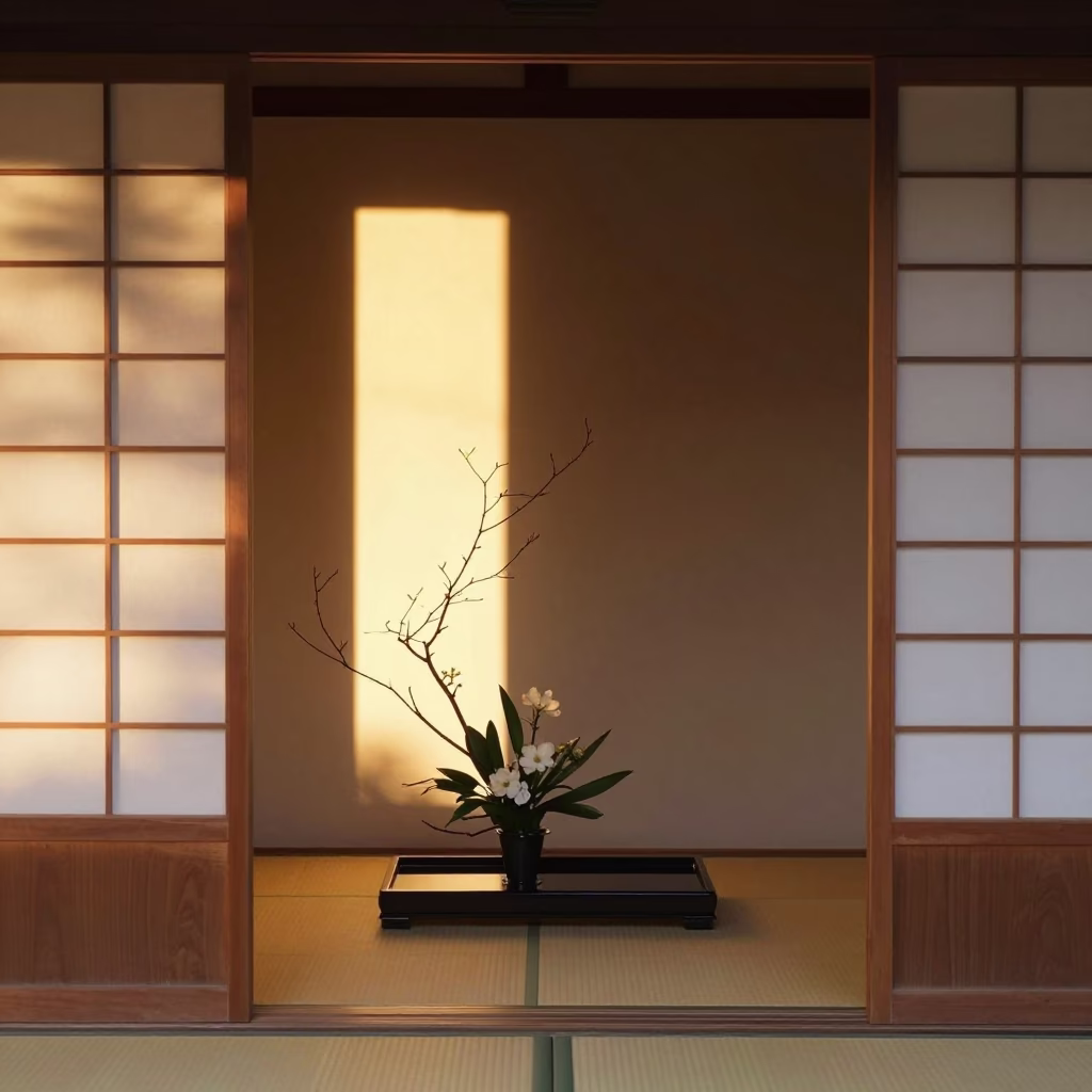 Traditional Ikebana Arrangement in Wooden Tokonoma Alcove During Golden Hour in Kyoto Japan in in Kyoto, Japan